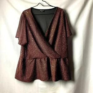 LANE BRYANT SIZE26/28 FAUX WRAP TOP BLACK ROSE GOLD METALLIC THREAD GOLD SEQUINS